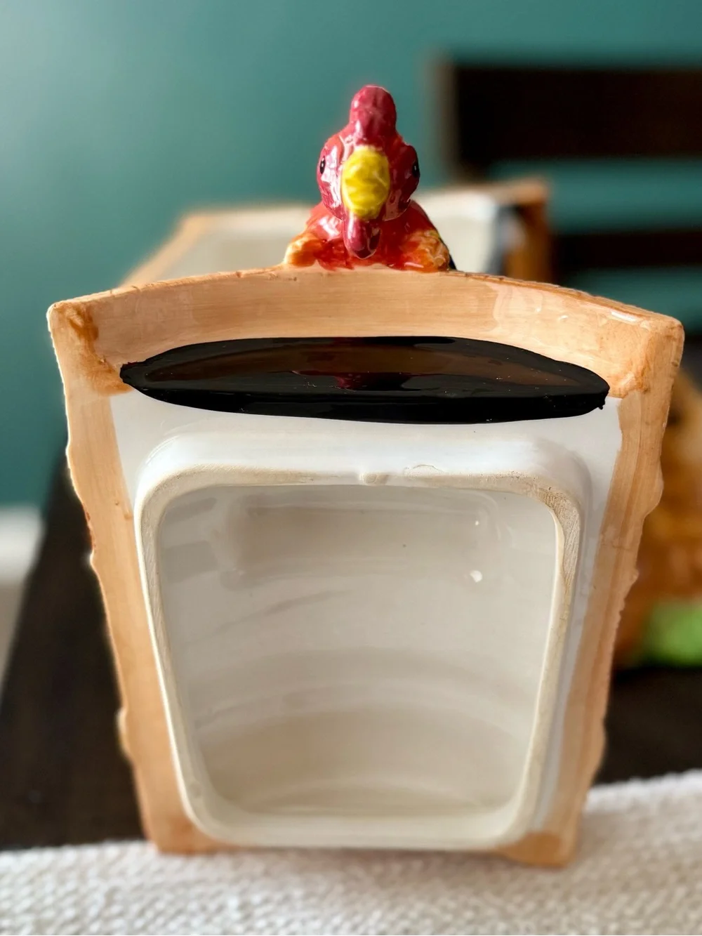 Vintage CKAO Ceramic Farmhouse Cookie Jar Dog in Wooden Barrel with Rooster Lid